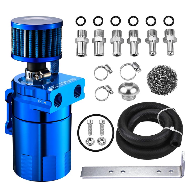 EVIL ENERGY Oil Catch Can, Universal Baffled Catch Can Kit with Breather Filter, 300ml Aluminum Air Oil Separator Tank NBR Fuel Hose Kits for PCV System Blue - Image 1